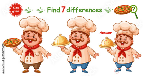 Cute chef cook man, cooking master hold pizza food tray, find 7 difference education children puzzle game. Restaurant waiter, baker character in cookery hat. Compare picture. Kid learning task. Vector