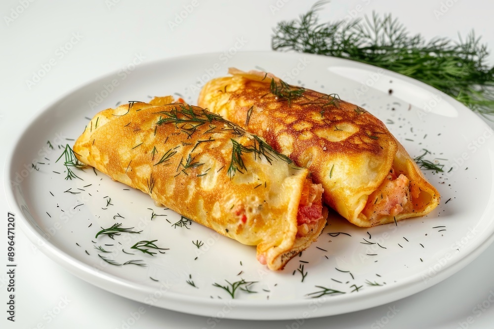 Dill topped stuffed pancake rolls on a white plate Side view close up Dill topped stuffed pancake rolls on a white plate Side view close up