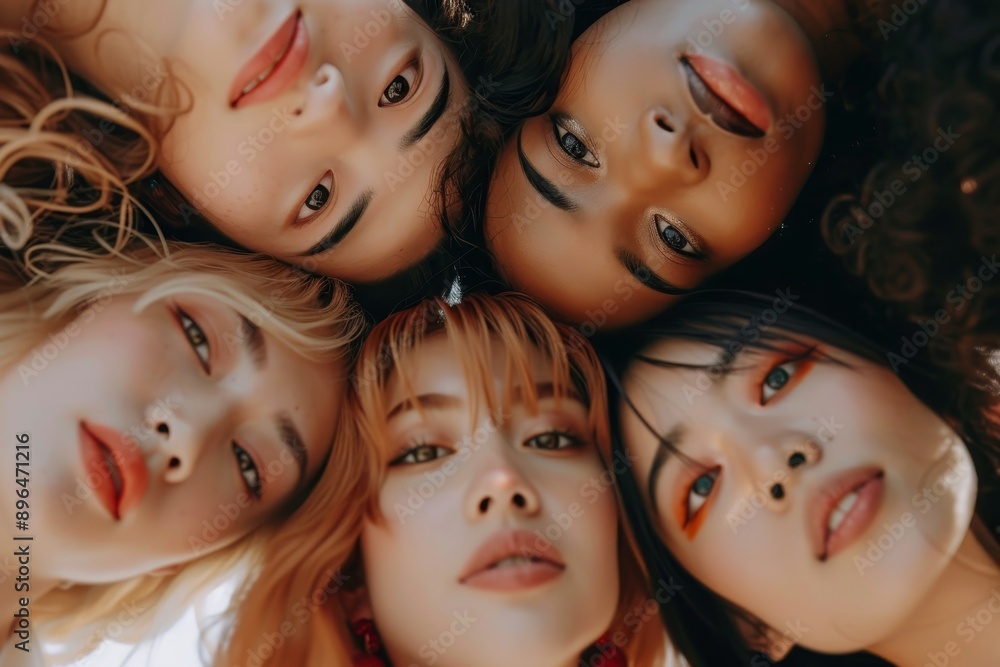 Fototapeta premium Diverse Asian and Caucasian women with various skin types pose together in a studio conveying beauty skincare and spa concepts
