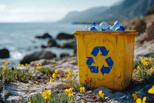 Garbage bin with waste on the beach. Cleaning, waste separation, and public hygiene. World Cleanup Day, Earth Day. Save the planet. Reuse garbage, recycle, plastic free. Environmental conservation