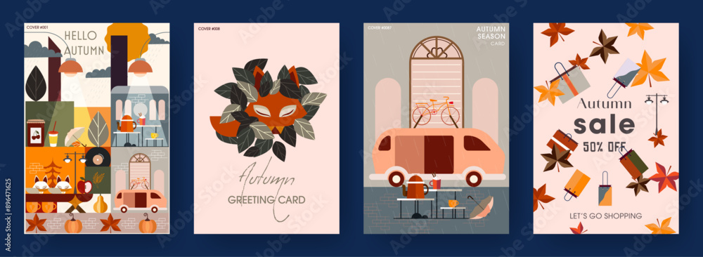 Set of modern art style autumn posters or covers. Autumn design with leaves, fox and elements. Fall templates for background, sale banner, flyer, advertising, web, social media, marketing material. Set of modern art style autumn posters or covers. Autumn design with leaves, fox and elements. Fall templates for background, sale banner, flyer, advertising, web, social media, marketing material.