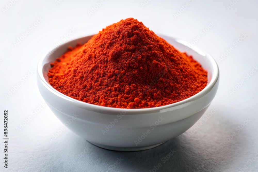 Vibrant red chilli powder fills a small, shallow bowl, creating a pop of color against a clean, minimalist white background, evoking warmth and spicy flavors. Vibrant red chilli powder fills a small, shallow bowl, creating a pop of color against a clean, minimalist white background, evoking warmth and spicy flavors.
