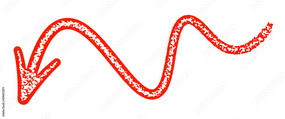 A red curved arrow with a grunge texture, pointing downwards. Vector illustration.