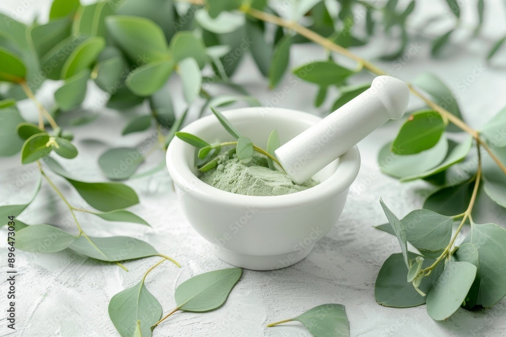 Eucalyptus leaves and white mortar pestle For alternative medicine and natural cosmetics Beauty and spa Eucalyptus leaves and white mortar pestle For alternative medicine and natural cosmetics Beauty and spa