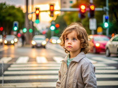 Portrait of child and road crosswalk. Red traffic light in city cars on background. Dreaming kid stand in front of road without looking at sides. Dangerous safety rules traffic law emergency situation