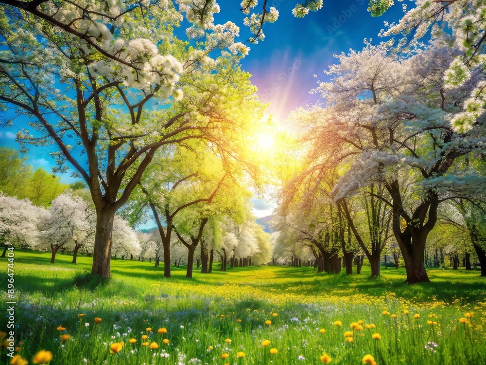 Vibrant blurred spring background featuring a blooming glade with trees adorned in lush greenery, set against a brilliant blue sky on a warm sunny day. Vibrant blurred spring background featuring a blooming glade with trees adorned in lush greenery, set against a brilliant blue sky on a warm sunny day.