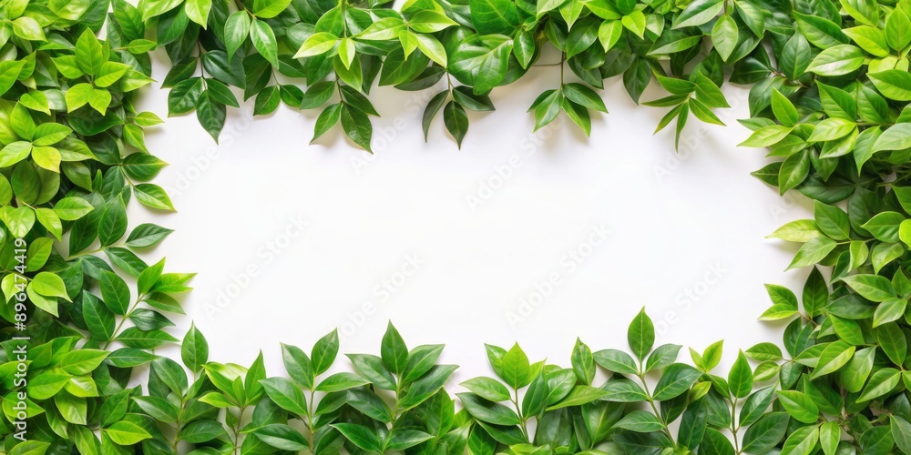Fresh green leaves intricately arranged to form a decorative border frame on a clean white background, providing ample space for text or graphics overlay. Fresh green leaves intricately arranged to form a decorative border frame on a clean white background, providing ample space for text or graphics overlay.