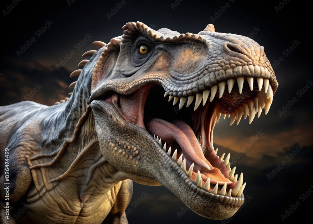 A meticulously detailed 3D dinosaur skeleton of a Tyrannosaurus Rex, mouth agape, showcasing razor-sharp teeth and powerful jaws in a lifelike ancient beast pose. A meticulously detailed 3D dinosaur skeleton of a Tyrannosaurus Rex, mouth agape, showcasing razor-sharp teeth and powerful jaws in a lifelike ancient beast pose.