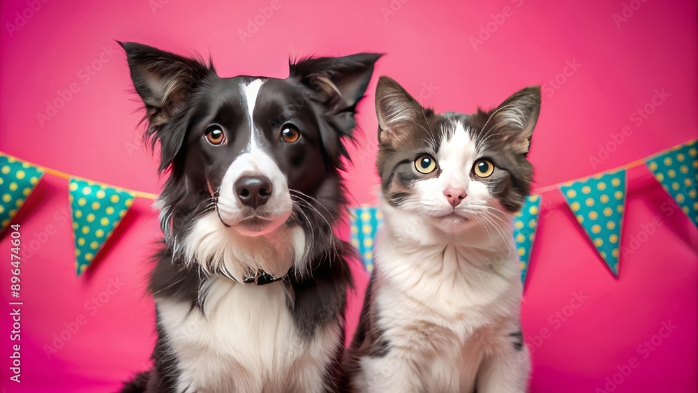 Adorable black and white cat and dog duo sit together in perfect harmony on a bright pink background, surrounded by a colorful banner celebrating pets. Adorable black and white cat and dog duo sit together in perfect harmony on a bright pink background, surrounded by a colorful banner celebrating pets.