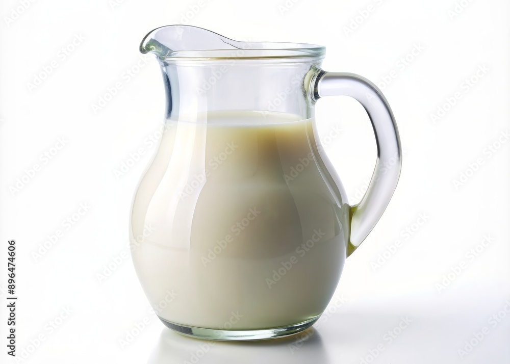 A clean and transparent glass jug filled with fresh white milk sits solo on a plain white background, highlighting its simplicity and purity. A clean and transparent glass jug filled with fresh white milk sits solo on a plain white background, highlighting its simplicity and purity.