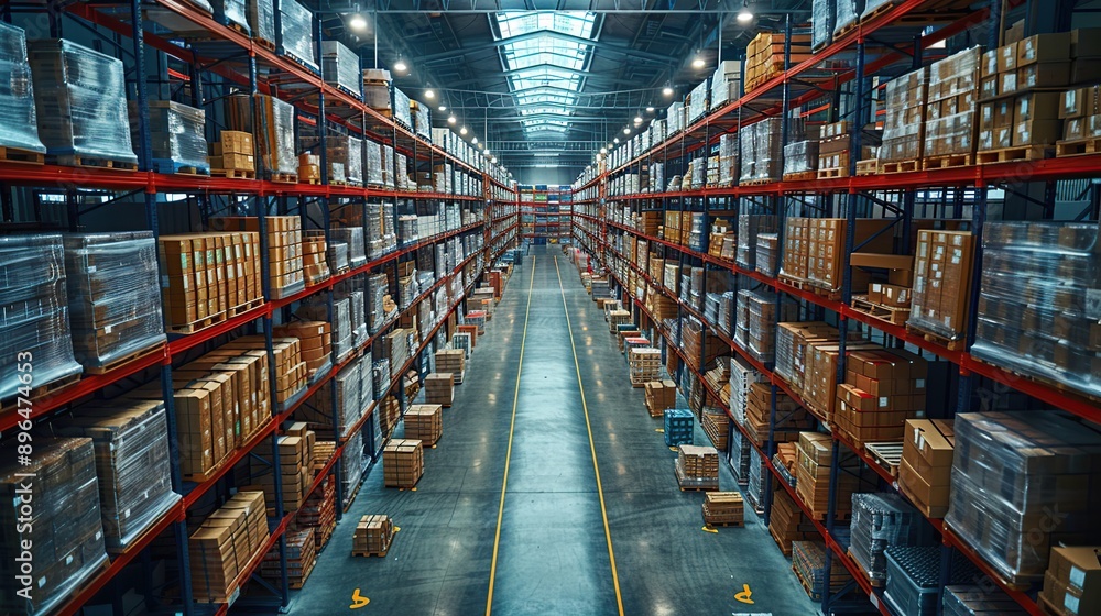 Warehouse interior with stacked boxes on shelves Warehouse interior with stacked boxes on shelves