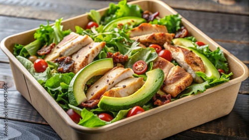 Freshly prepared grilled chicken and mixed greens salad, crispy bacon, and creamy avocado, perfectly arranged in a compact, eco-friendly to-go box for a satisfying meal. photo