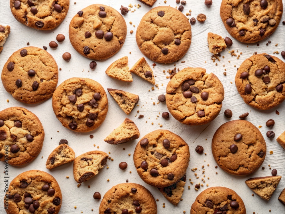 Freshly baked assortment of crumbly chocolate chip cookies with varying levels of bite marks, randomly scattered on a clean white surface, viewed from directly above. Freshly baked assortment of crumbly chocolate chip cookies with varying levels of bite marks, randomly scattered on a clean white surface, viewed from directly above.