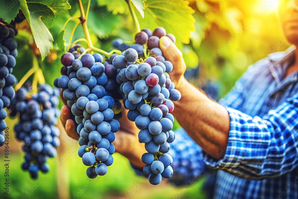 Fototapeta premium Harvesting blue grapes against the backdrop of a vineyard on a sunny day, close-up, soft focus.
