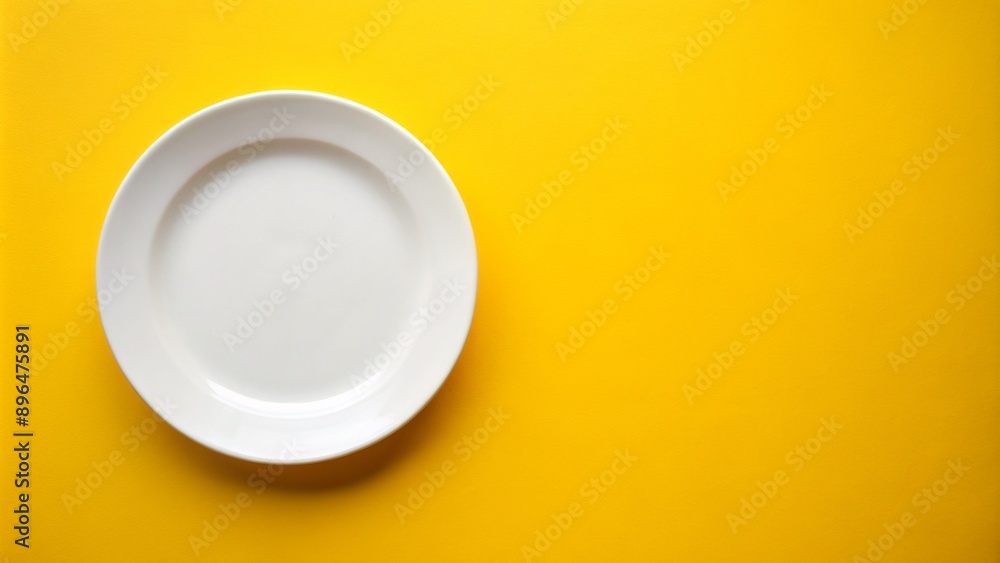 Empty plate on yellow background with copious copy space, awaiting culinary delights, perfect for foodie advertisements or recipe promotions. Empty plate on yellow background with copious copy space, awaiting culinary delights, perfect for foodie advertisements or recipe promotions.