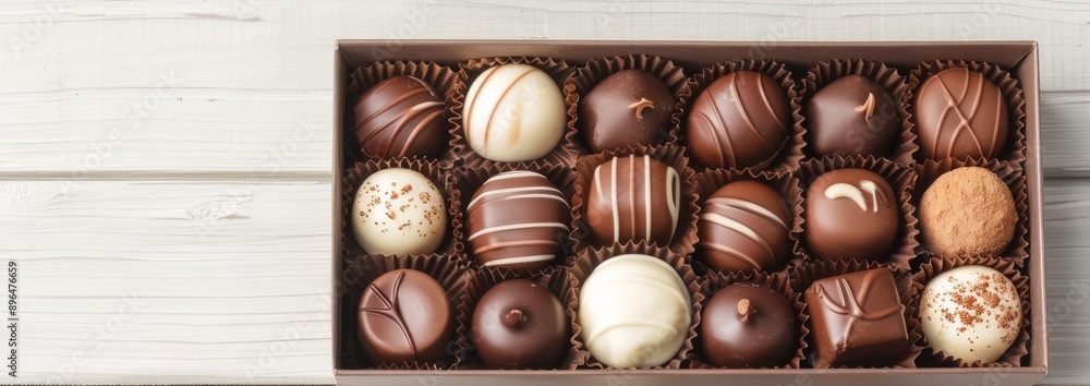 Obraz premium A beautifully arranged box of assorted chocolates, perfect for gifting or indulgence, featuring rich flavors and elegant designs.