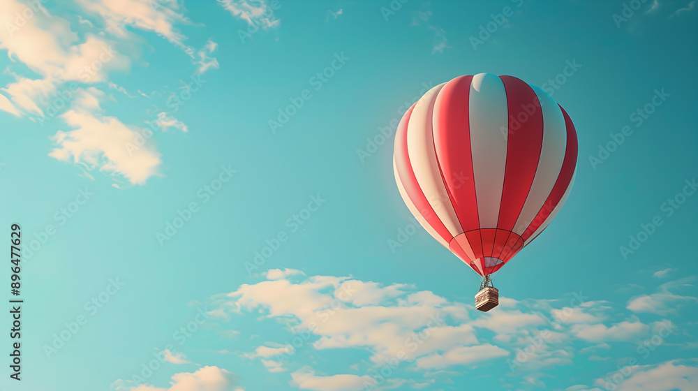 Fototapeta premium A hot air balloon in flight on a sky blue background.