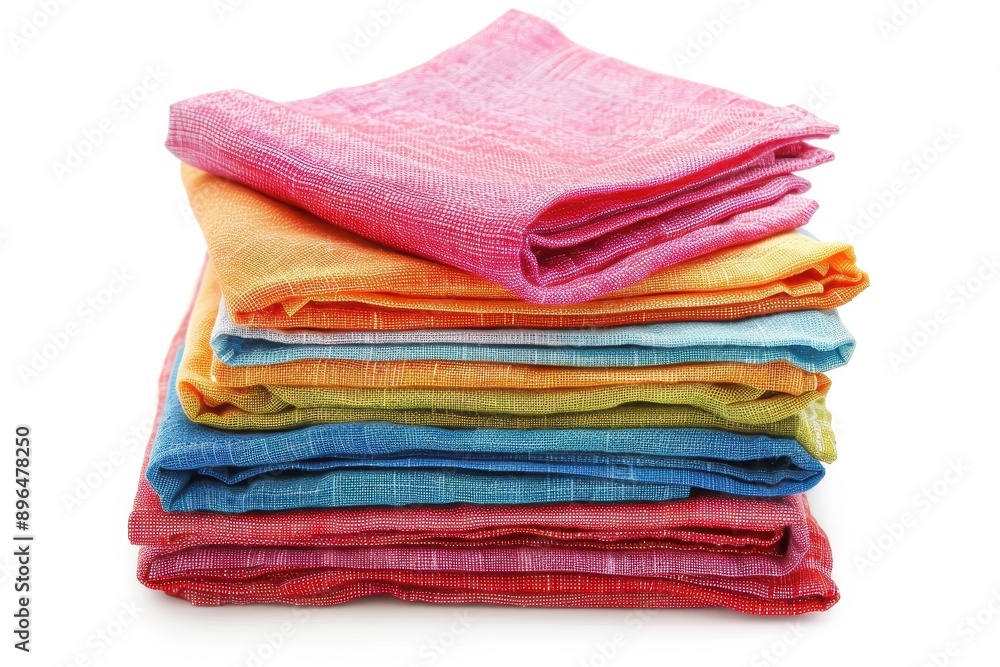 Array of vivid napkins on white background Restaurant linens for design Top down view