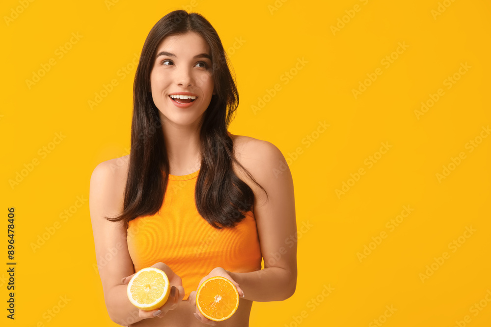 Beautiful young woman with orange and lemon on color background Beautiful young woman with orange and lemon on color background