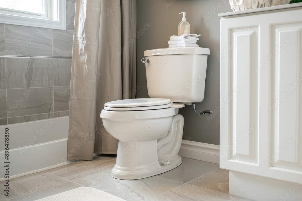 Bathroom in Northwest USA with grey walls and white fixtures Full bath shower with beige curtain toilet and vanity Bathroom in Northwest USA with grey walls and white fixtures Full bath shower with beige curtain toilet and vanity