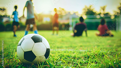 Soccer ball on green field with players in the background