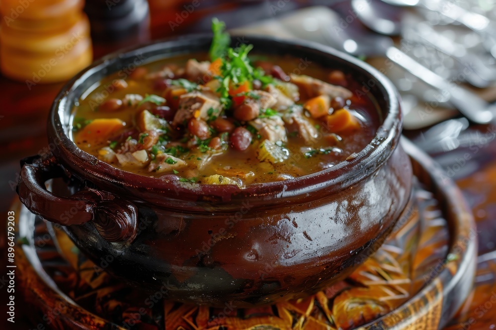Bean soup with smoked pork served in small cauldron Bean soup with smoked pork served in small cauldron