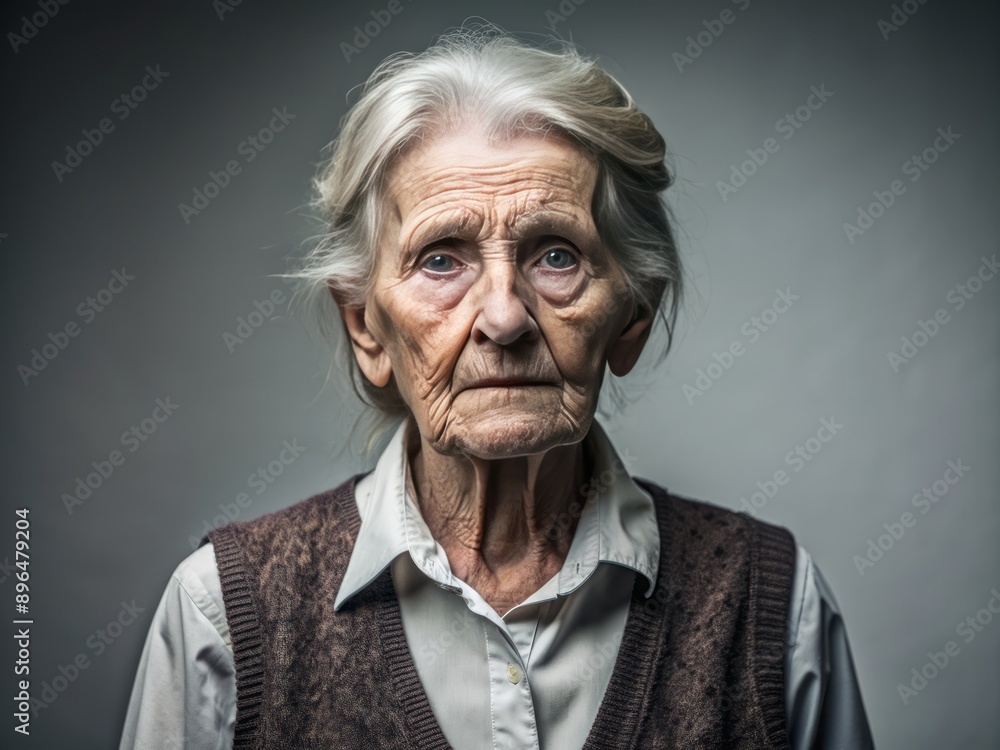 Elderly woman with gaunt face, sunken eyes, and frail arms, wearing a vest, stands alone on a plain gray studio background, conveying vulnerability and hardship. Elderly woman with gaunt face, sunken eyes, and frail arms, wearing a vest, stands alone on a plain gray studio background, conveying vulnerability and hardship.
