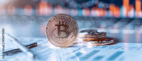 A close-up of a Bitcoin surrounded by coins and financial charts, symbolizing cryptocurrency and digital investment trends.