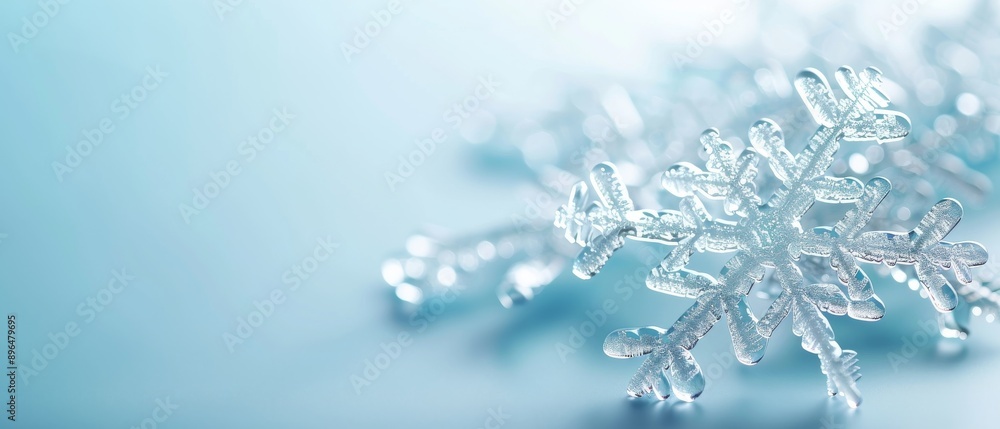 A close-up of a delicate snowflake resting on a soft blue background, showcasing its unique crystalline structure and beauty. A close-up of a delicate snowflake resting on a soft blue background, showcasing its unique crystalline structure and beauty.