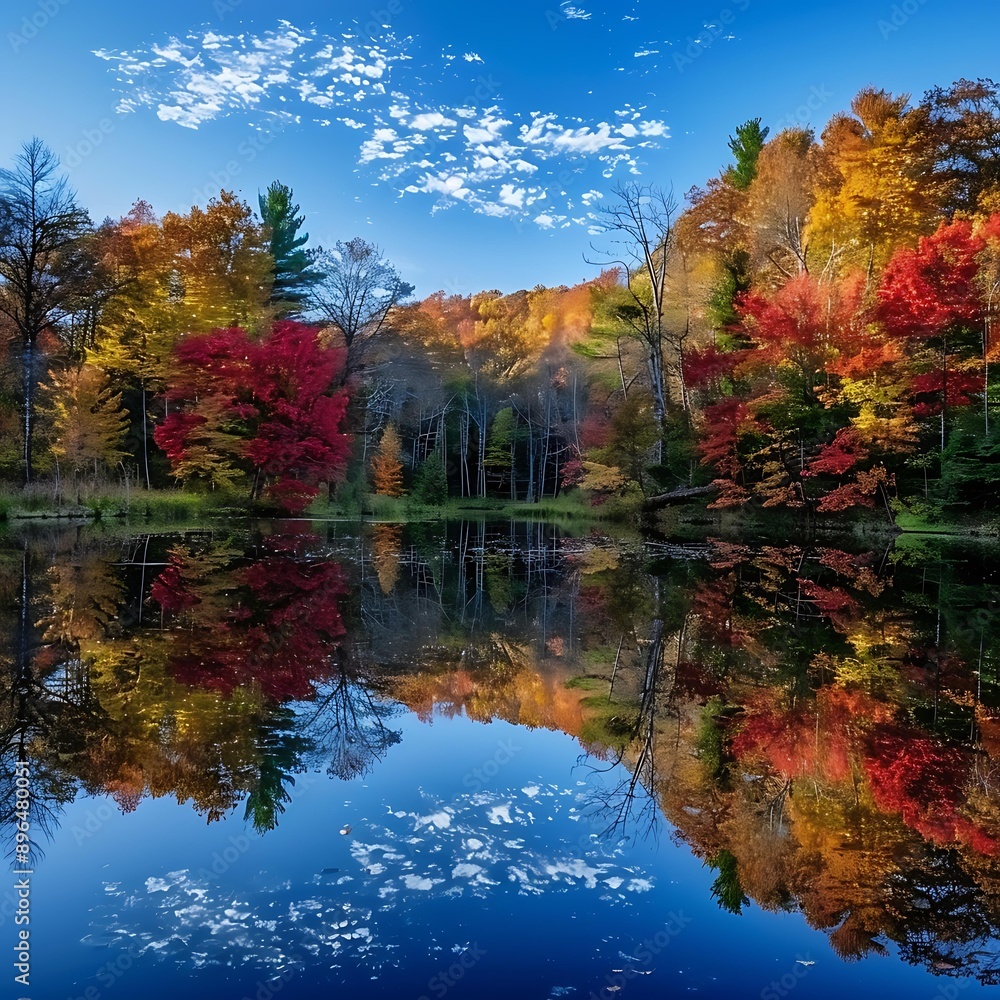 3. A serene lake reflecting the colorful foliage of surrounding trees, capturing the essence of fall in a peaceful, mirrored landscape 3. A serene lake reflecting the colorful foliage of surrounding trees, capturing the essence of fall in a peaceful, mirrored landscape
