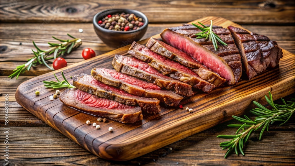 Juicy grilled ribeye beef steak sliced and arranged on a rustic wooden cutting board, perfect for a mouthwatering culinary banner with ample copyspace. Juicy grilled ribeye beef steak sliced and arranged on a rustic wooden cutting board, perfect for a mouthwatering culinary banner with ample copyspace.