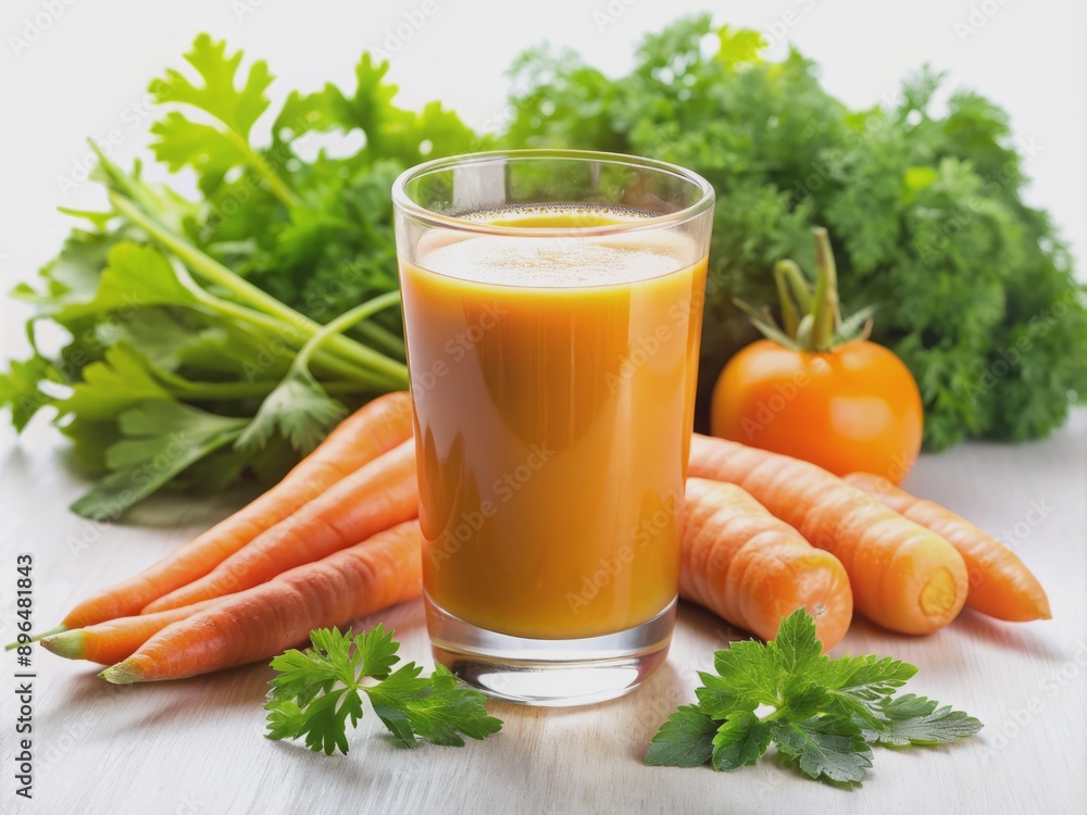 Freshly squeezed orange detox juice with carrot smoothie in a glass, placed on a white background, promoting healthy digestion and weight loss, surrounded by green leaves. Freshly squeezed orange detox juice with carrot smoothie in a glass, placed on a white background, promoting healthy digestion and weight loss, surrounded by green leaves.