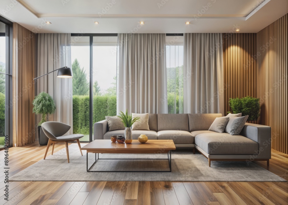 Fototapeta premium Minimalist blank space on a polished wooden table against a stylish modern living room backdrop with sleek sofas and floor-to-ceiling curtains.