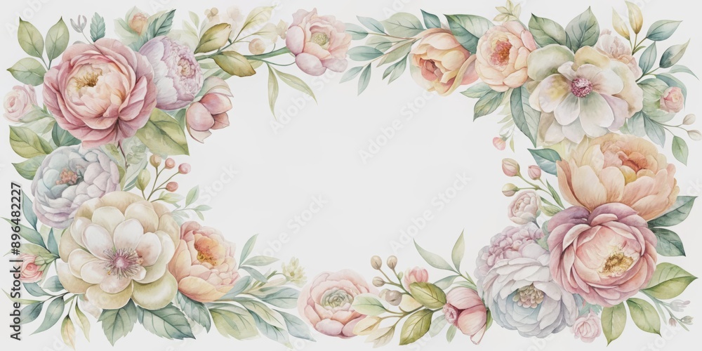 Fototapeta Delicate pastel watercolor flowers bloom in soft hues, framed by a perfect rectangle border, evoking romance and elegance, perfect for wedding decorations and stationery design.