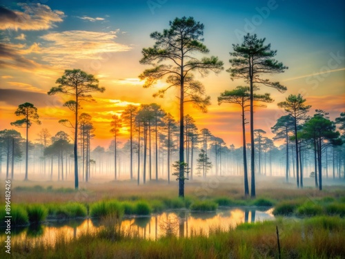 Majestic longleaf pines rise from the misty Green Swamp in North Carolina, their slender silhouettes aglow against a vibrant sunrise, surrounded by eerie fog. photo