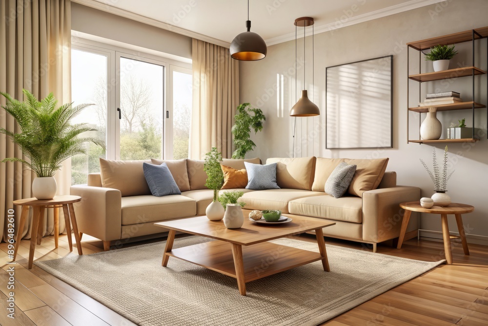 Fototapeta premium Serene Japandi-inspired living room features a plush beige couch, minimalist coffee table, and sleek modern decor amidst a calming neutral-toned apartment setting.