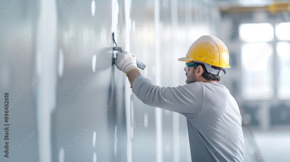 A construction worker applies finishing touches to a wall in a modern building. Safety gear ensures a safe working environment. A construction worker applies finishing touches to a wall in a modern building. Safety gear ensures a safe working environment.