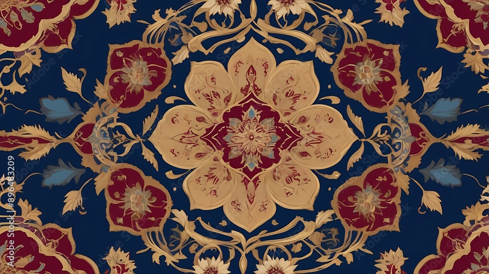 Sophisticated red gold blue floral design with a center flower. Perfect for elegant backgrounds, invitations, stationery, or textile prints. Persian carpet, 9 Sophisticated red gold blue floral design with a center flower. Perfect for elegant backgrounds, invitations, stationery, or textile prints. Persian carpet, 9