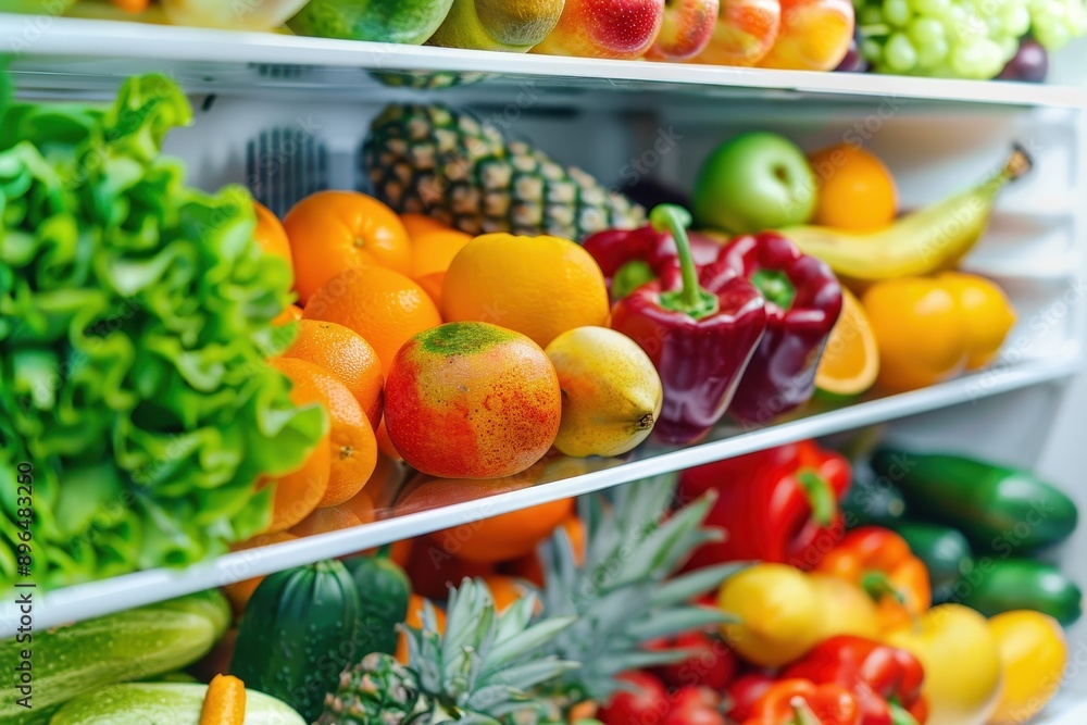 Fresh fruits and vegetables in fridge healthy background organic nutrition health care diet concept Fresh fruits and vegetables in fridge healthy background organic nutrition health care diet concept