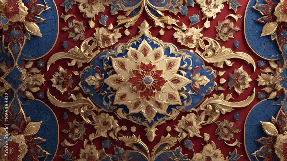 Sophisticated red gold blue floral design with a center flower. Perfect for elegant backgrounds, invitations, stationery, or textile prints. Persian carpet, Sophisticated red gold blue floral design with a center flower. Perfect for elegant backgrounds, invitations, stationery, or textile prints. Persian carpet,
