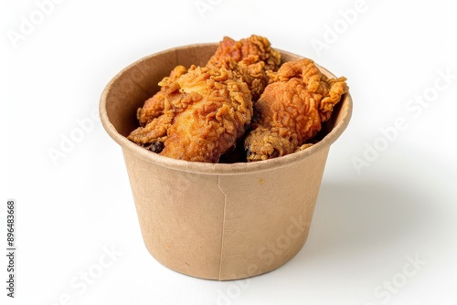 Fried chicken in a white paper bucket isolated on a white background with clipping path