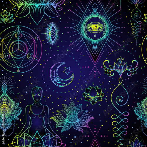 Sacred Geometry seamless pattern. Hindu symbols of wisdom and path to perfect...