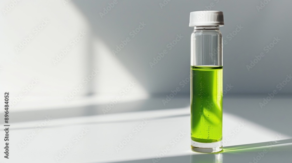 Green liquid in clear vial on white background with space for text Natural light Green liquid in clear vial on white background with space for text Natural light