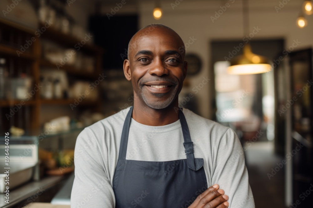 Fototapeta premium Smiling portrait of a confident middle aged male African American bartender