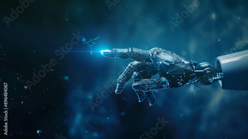 An artificial intelligence robot hand pointing a finger at a human point with a digital hologram on a dark blue background
