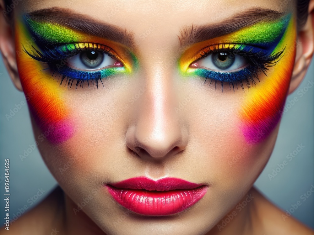 Naklejka premium Vibrant rainbow-colored eyelashes radiate from a pair of mesmerizing eyes, surrounded by soft, delicate skin, capturing the beauty of creativity and individuality in a whimsical display.