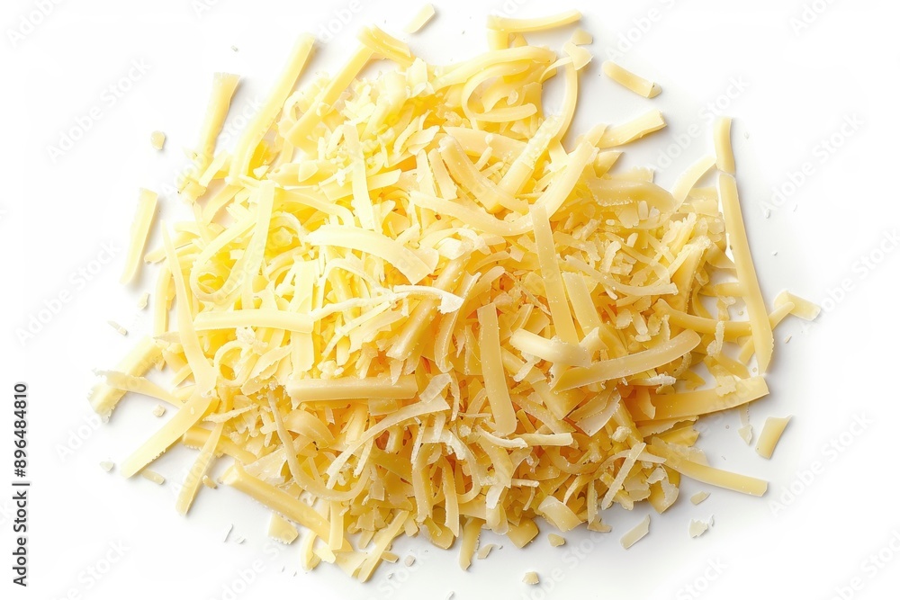 Grated cheese on white background viewed from above Grated cheese on white background viewed from above