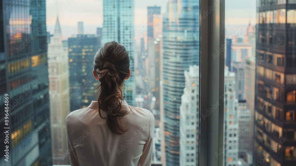 A woman standing by the window, looking outside at the city scene A woman standing by the window, looking outside at the city scene
