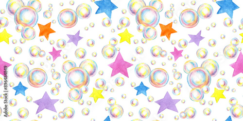 Rainbow soap bubbles made of foam with stars pattern watercolor illustration. Summer toy symbol, bath time, carnival, bubble party. Isolated from the background. For the design of banners, cards,