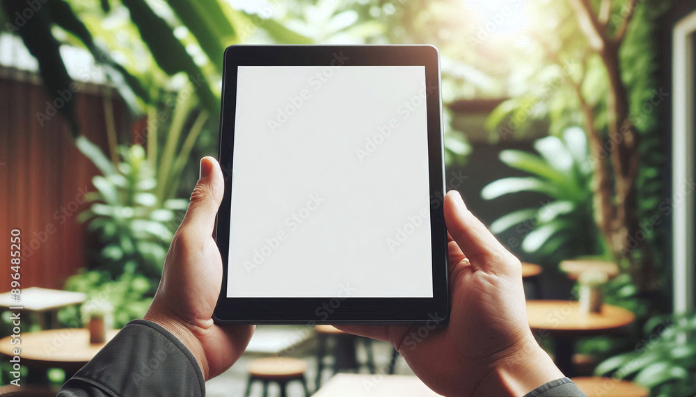 Digital Connection in Nature, holding and looking at a black tablet Digital Connection in Nature, holding and looking at a black tablet